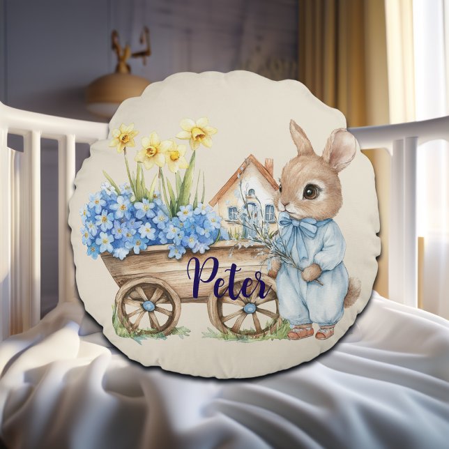 Custom Name Bunny with Blue Flowers Round Pillow (Creator Uploaded)