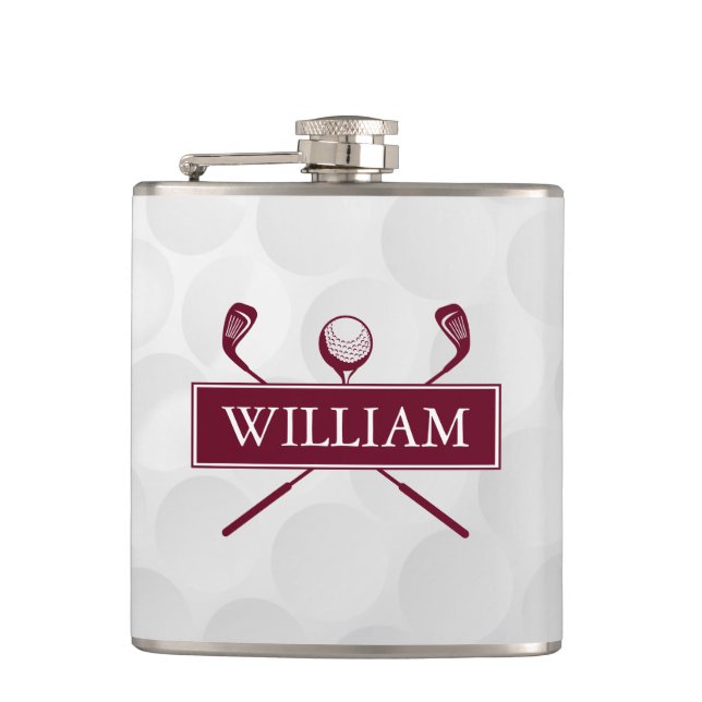 Custom Name Burgundy Clubs And Ball Hip Flask (Front)