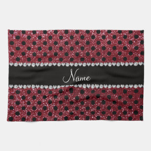 Custom name burgundy glitter black polka dots kitchen towel