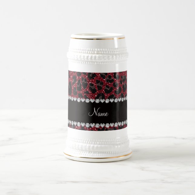 Custom name burgundy glitter leopard print beer stein (Center)