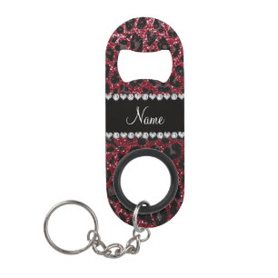 Custom name burgundy glitter leopard print keychain bottle opener