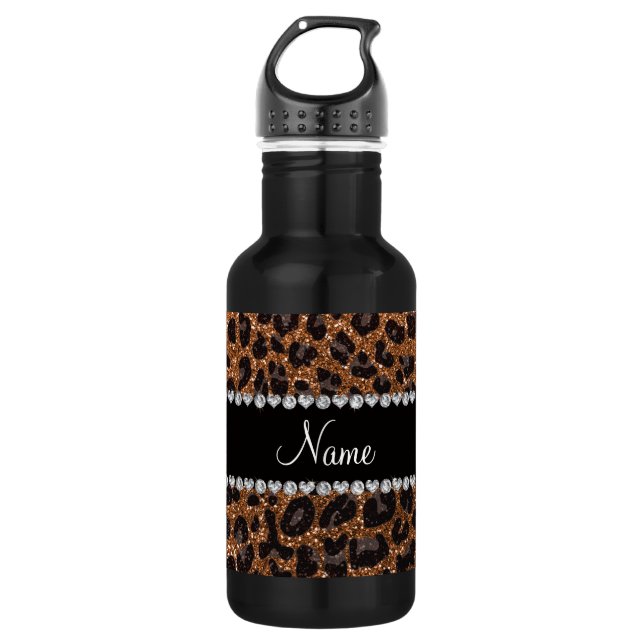 Custom name burnt gold glitter leopard print 532 ml water bottle (Front)