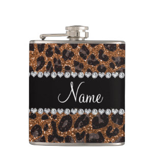 Custom name burnt gold glitter leopard print hip flask