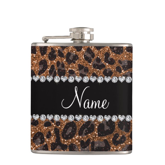 Custom name burnt gold glitter leopard print hip flask (Front)