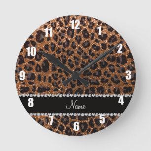 Custom name burnt gold glitter leopard print round clock