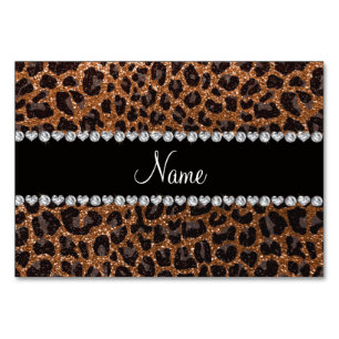 Custom name burnt gold glitter leopard print table number