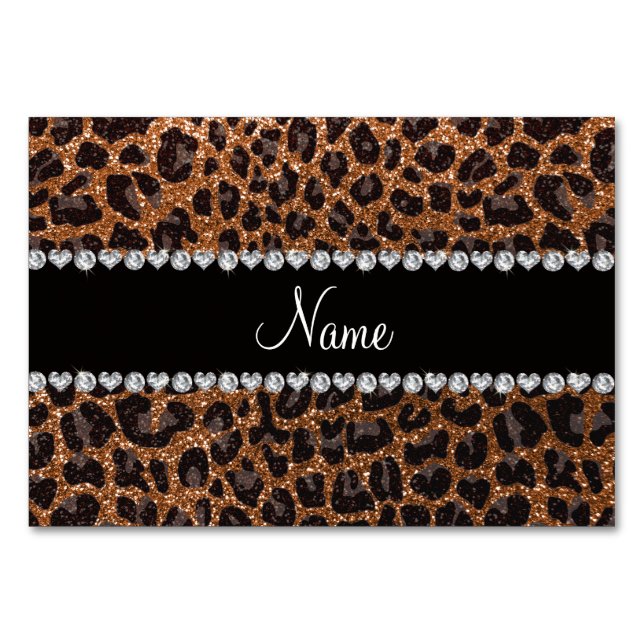 Custom name burnt gold glitter leopard print table number (Front)