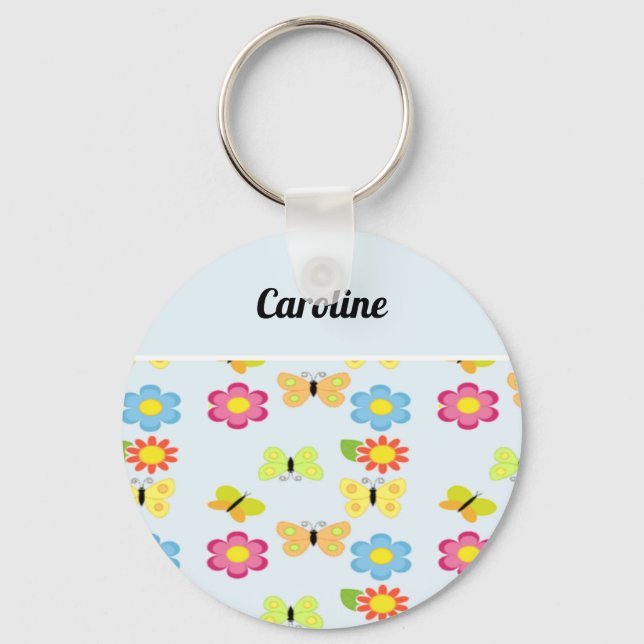Custom name butterflies and flowers blue pattern keychain (Front)