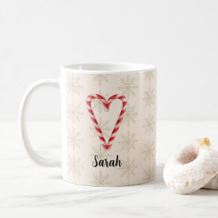 Custom Name Candy Cane Heart Snowflake Pattern Coffee Mug