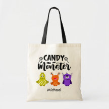 Custom Name Candy Monster Trick or Treat Tote Bag