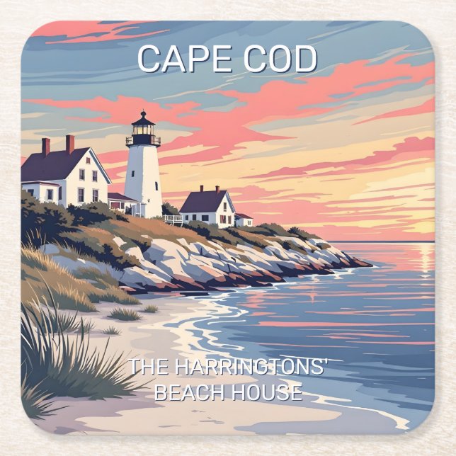 Custom Name Cape Cod Massachusetts Square Paper Coaster (Front)