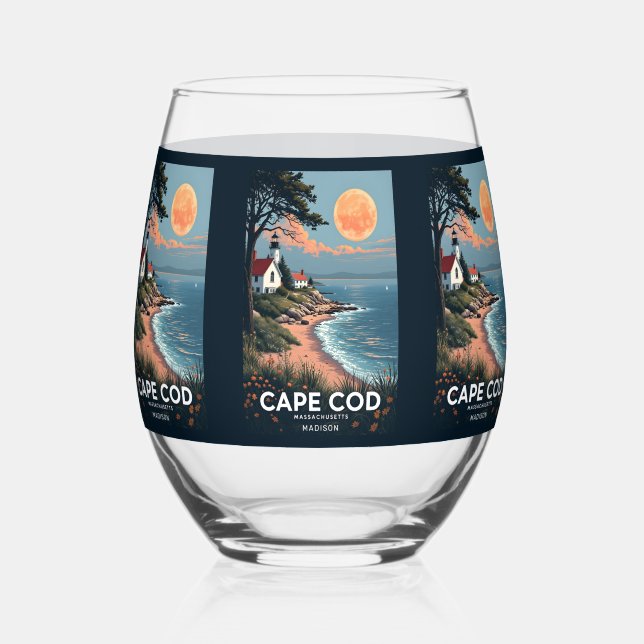 Custom Name Cape Cod Massachusetts Stemless Wine Glass (Front)