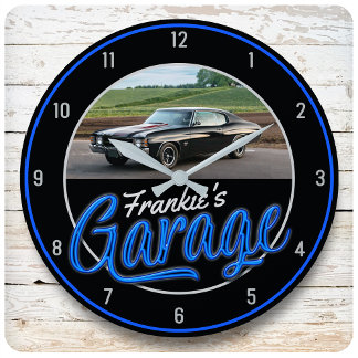 Custom NAME | CAR Photo Retro Neon Hot Rod Garage Large Clock