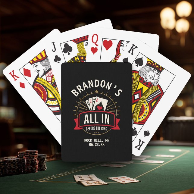 Custom Name Casino Bachelor Party Black Poker Playing Cards (Black bachelor party playing card box with gold "All In Before the Ring" poker graphic)