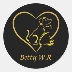 Custom Name Cat, Dog and Love Line Art Classic Round Sticker