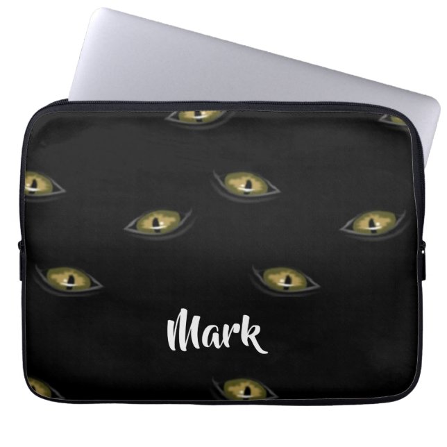 Custom name cat eyes on black laptop sleeve (Front)