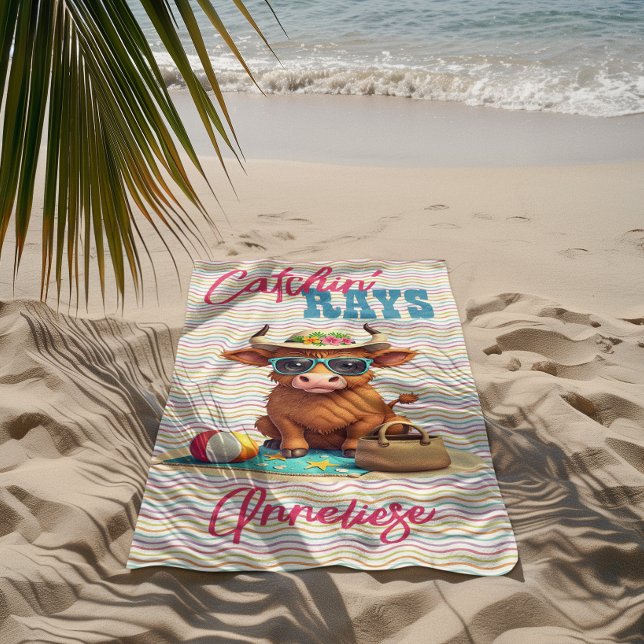 Custom Name "Catchin' Rays" Cute Vacation Design Beach Towel (Creator Uploaded)