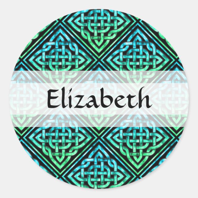 Custom Name Celtic Knot: Blue Green Round Stickers (Front)