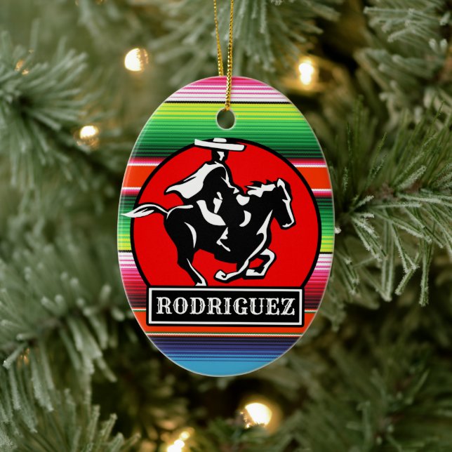 Custom NAME Charro Horse Spanish Mexican Serape Ceramic Ornament (Tree)