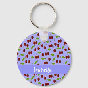 Custom name cherries pattern blue keychain