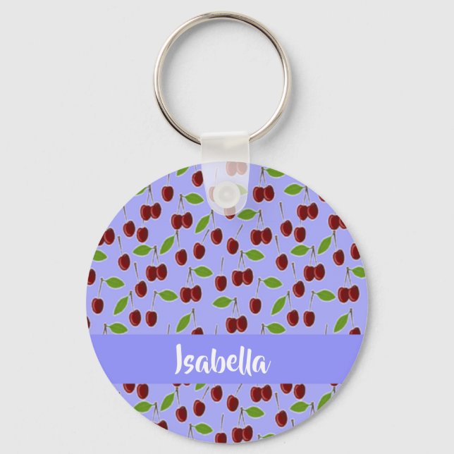 Custom name cherries pattern blue keychain (Front)
