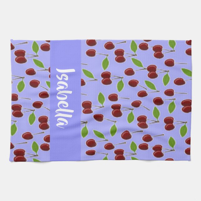 Custom name cherries pattern blue kitchen towel (Horizontal)