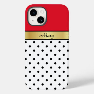 Custom Name Cherry Red, White Black Polka Dots Case-Mate iPhone 14 Case