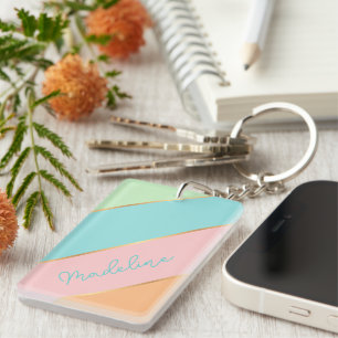 Custom Name Chic Aqua Blue Green Blush Pink Stripe Keychain