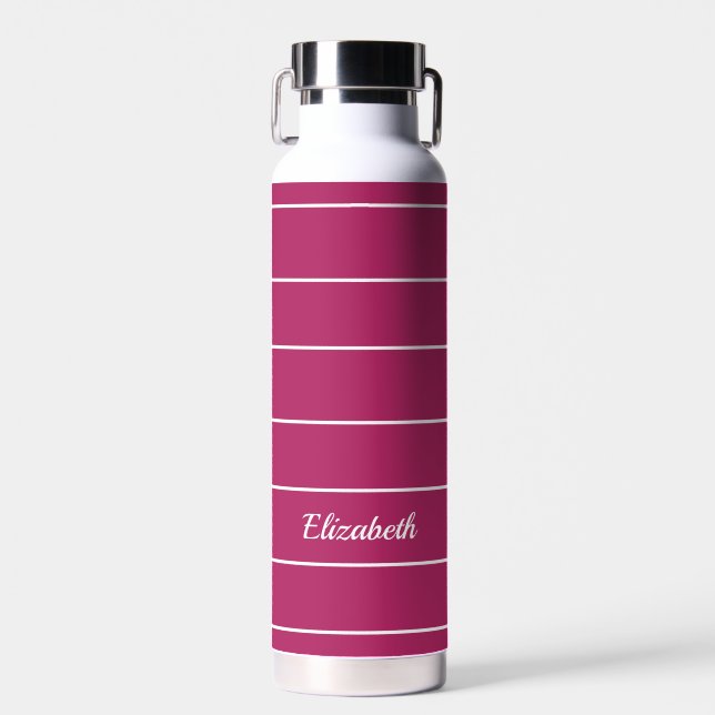 Custom Name Chic Pink White Striped Modern Pattern Water Bottle (Front)
