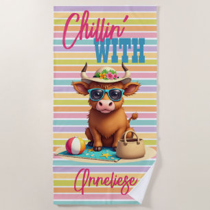 Custom Name "Chillin' With" Cute Highland Cow Beach Towel