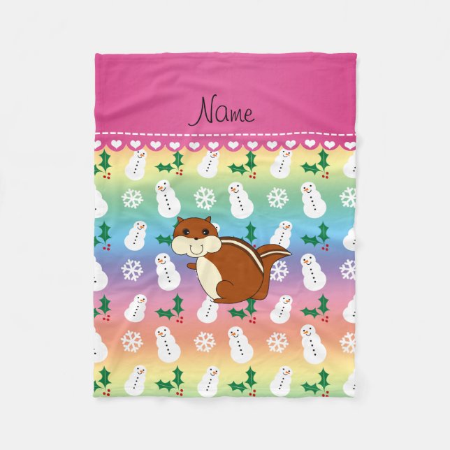Custom name chipmunk rainbow snowmen hollies fleece blanket (Front)