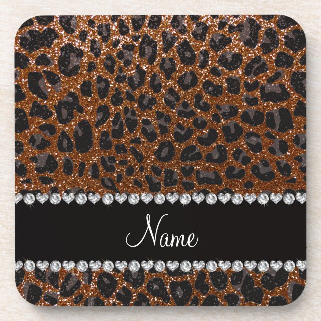 Custom name chocolate brown glitter leopard print coaster (Front)