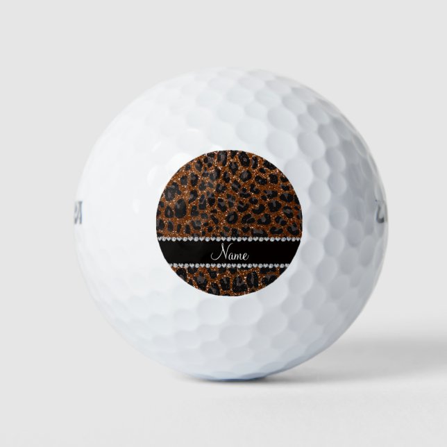 Custom name chocolate brown glitter leopard print golf balls (Front)