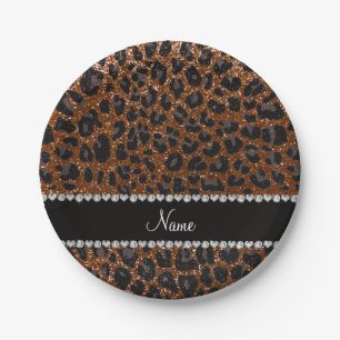 Custom name chocolate brown glitter leopard print paper plate