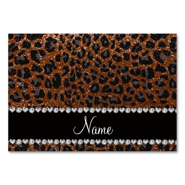 Custom name chocolate brown glitter leopard print table number (Front)
