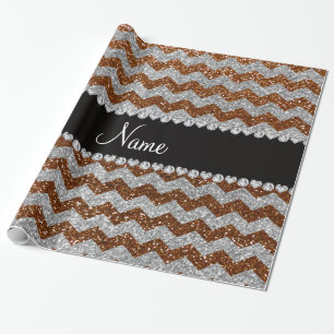 Custom name chocolate brown silver glitter chevron wrapping paper