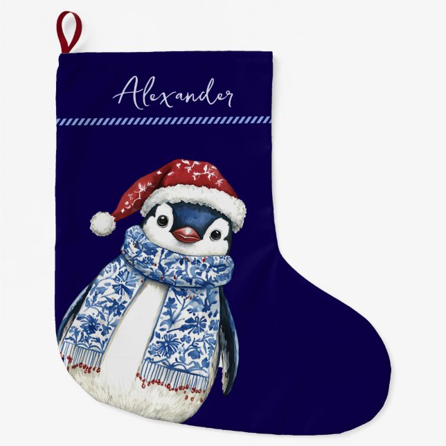 Custom Name Christmas Chinoiserie Penguin  Large Christmas Stocking (Front)
