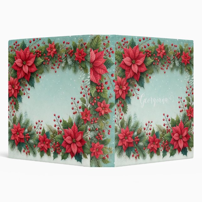 Custom Name Christmas Floral Watercolor Poinsettia Binder (Background)