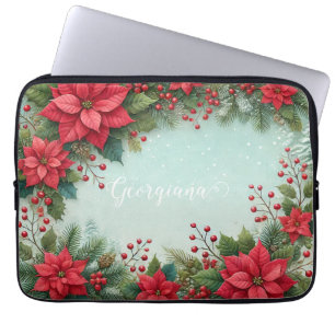 Custom Name Christmas Floral Watercolor Poinsettia Laptop Sleeve