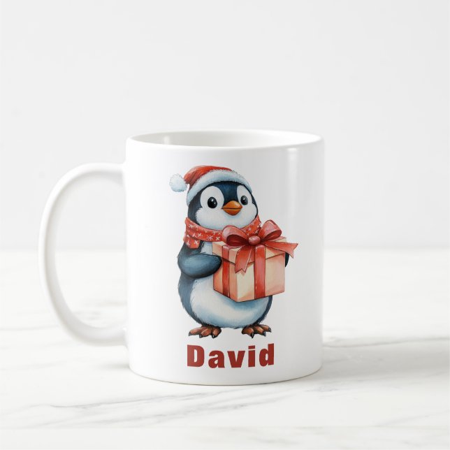 Custom Name Christmas Penguin Gift Coffee Mug (Left)