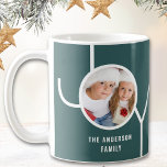 Custom Name Christmas Photo Green Coffee Mug<br><div class="desc">This stylish keepsake Christmas Holiday mug is decorated with the word JOY on a green background.
Easily customizable with your photo and name.</div>