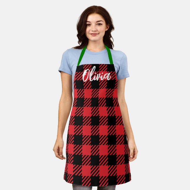 Custom Name Christmas Red Green Plaid Baker Apron (Worn)