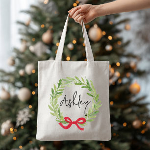 Custom Name Christmas Wreath Tote Bag for Women