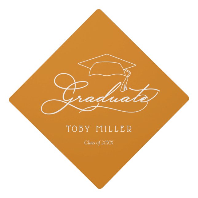 Custom Name Class of Graduate Script Light Orange Graduation Cap Topper (Front)