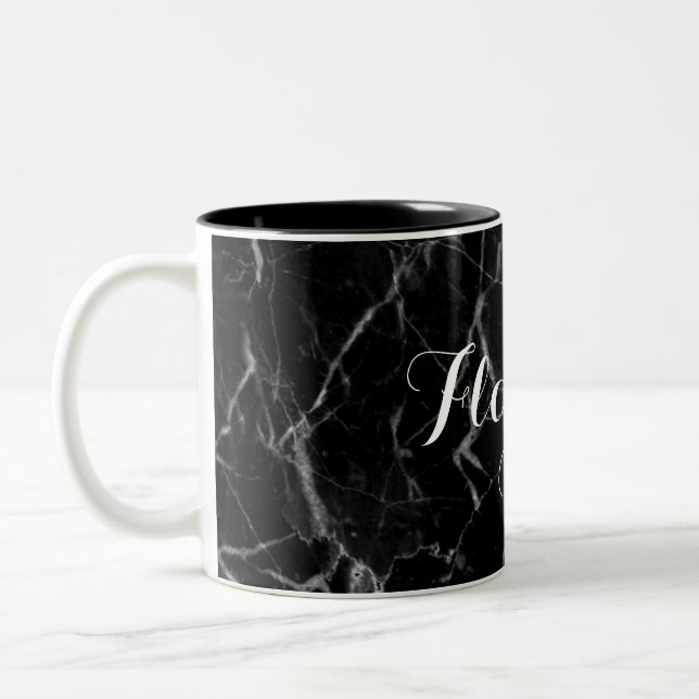 Custom Name Classic Black Marble Print Elegant Two-Tone Coffee Mug (Left)