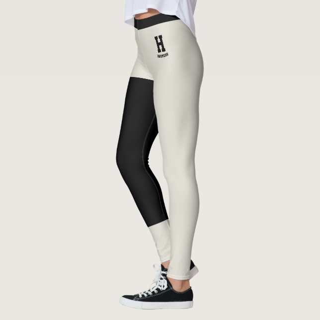 Custom Name Classy Oatmeal Black Accents Monogram  Leggings (Left)