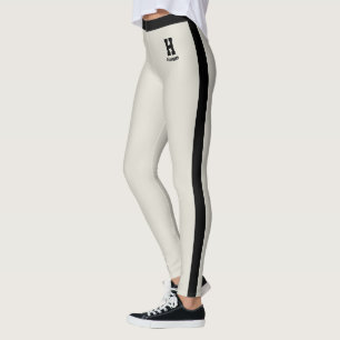 Custom Name Classy Oatmeal Black Stripes Monogram Leggings