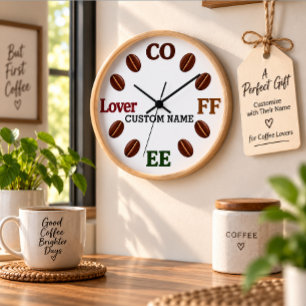 Custom Name Coffee Lover Wood Frame Wall Clock