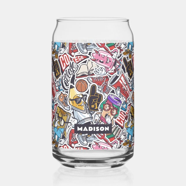 Custom Name College Comics Pattern Can Glass (Left)