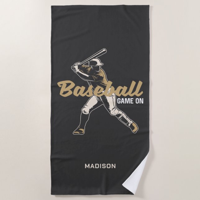 Custom Name & Colour Baseball Player Beach Towel (Front)